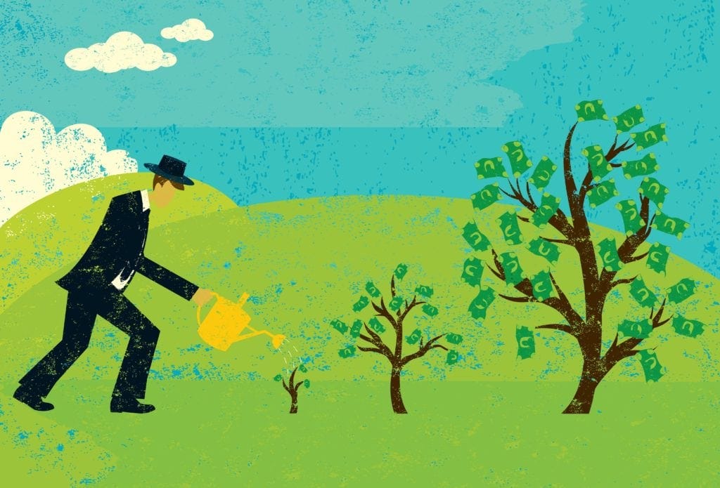 Man watering plants as metaphor for scaling your business the right way with CobbleWeb.