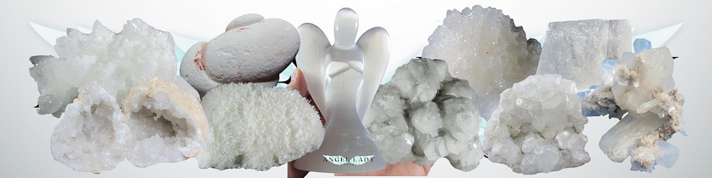 white crystals, selenite, elestial calcite, fairy stone, apophyllite, okenite