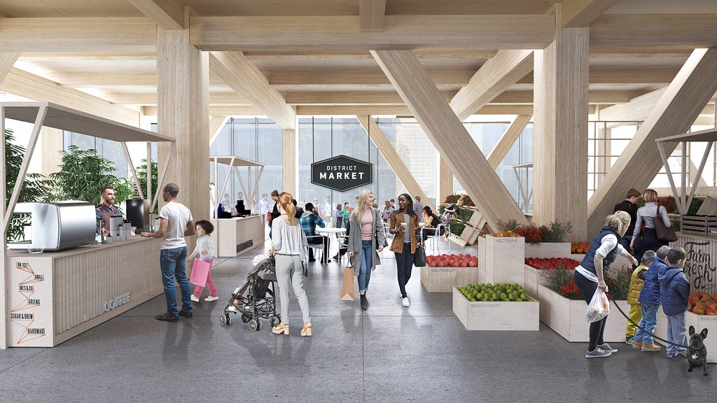 Architectural rendering of an airy, wood-filled space holding an indoor market. People walk and shop.