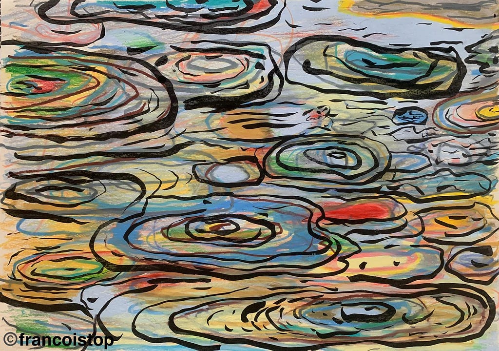 Abstract artwork featuring concentric, swirling shapes outlined in black, resembling ripples or topographic patterns. The background is filled with a mix of pastel and vibrant colors including blues, greens, reds, and yellows, creating a layered, dynamic effect. The composition is dense with overlapping forms. The artist’s handle “@francoistop” appears in the bottom left corner. He drew this for the post. He also made the drawing for the companion post on young people.