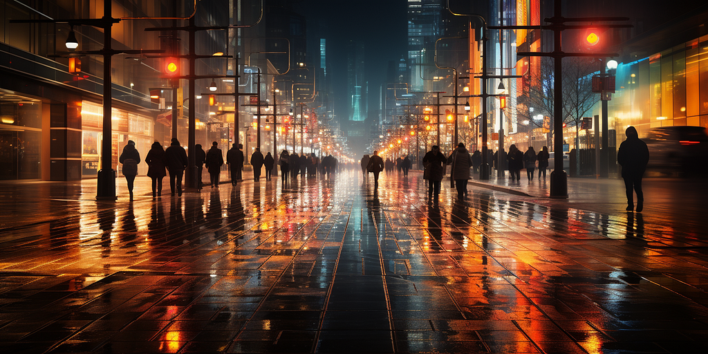 A crowded city street at night with anonymous people crossing each other's ways but never meeting.