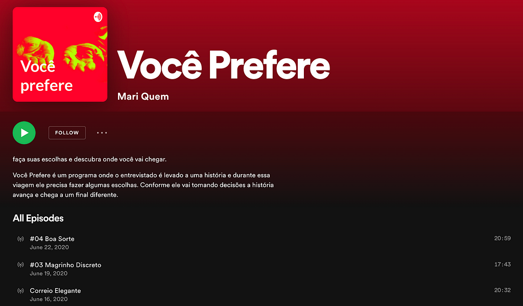 Captura de tela que mostra o canal Você Prefere na plataforma de streaming Spotify