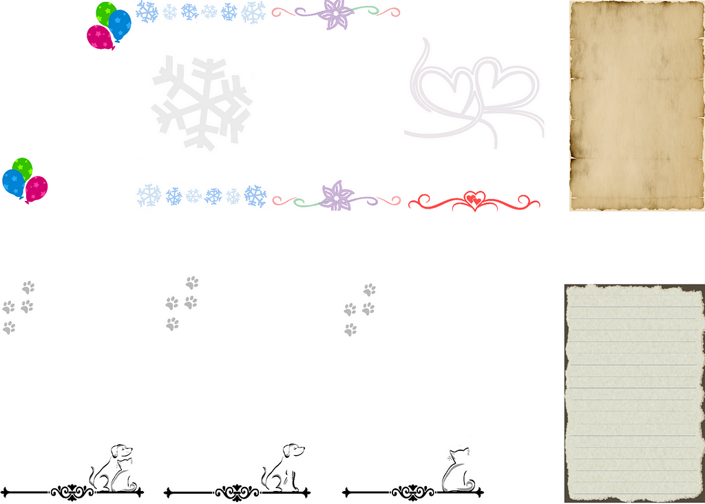 10 sample stationary themes including balloons, snowflakes, flowers, hearts, dogs, cats, and parchment