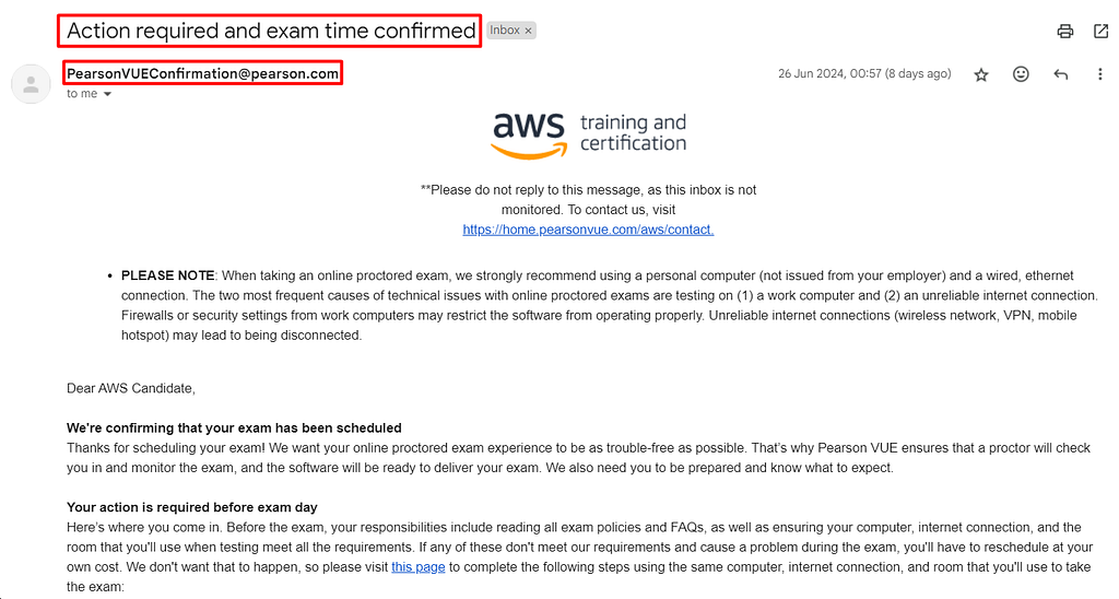 Email of Appointment Guideline for AWS SAA-C03