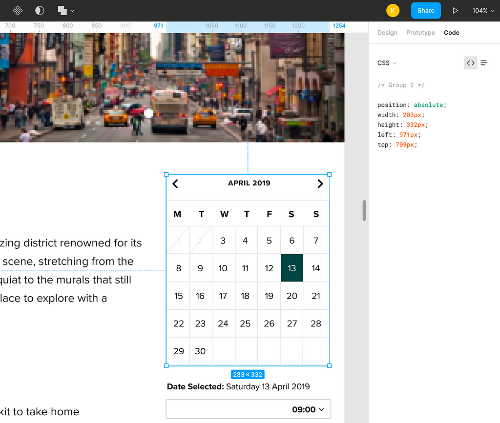 A screen grab of the CSS panel opened up in Figma