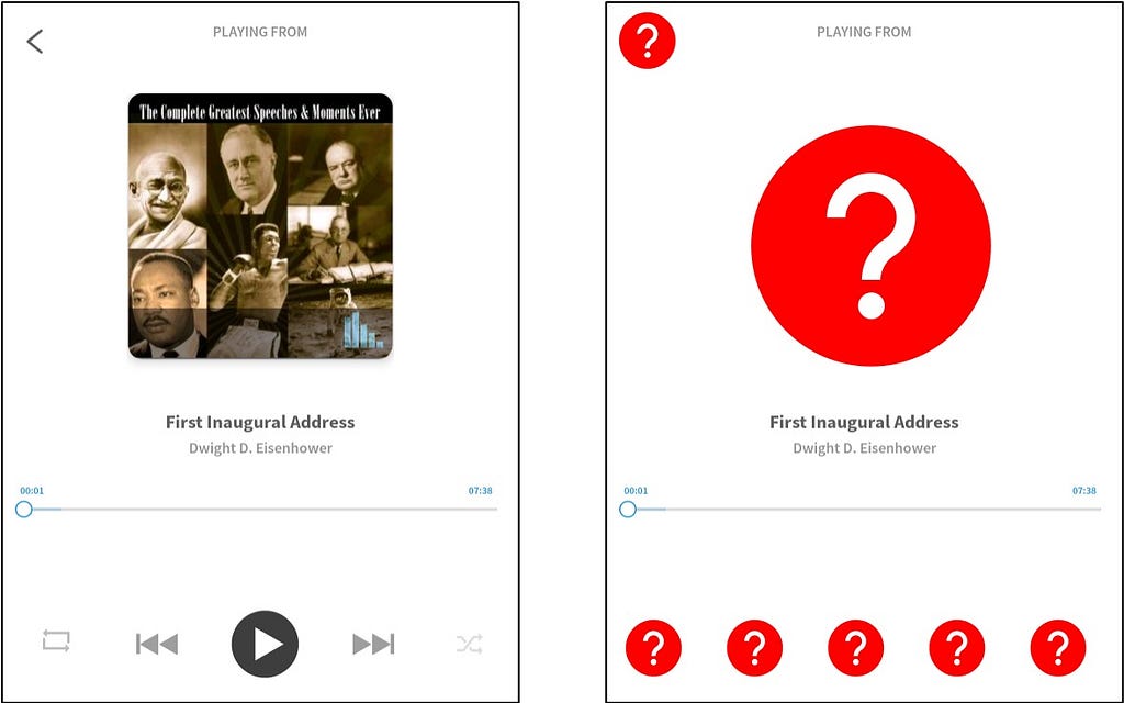 A screenshot of an audiobook app playing a book. Another shot covers the unlabeled buttons with large, red question marks