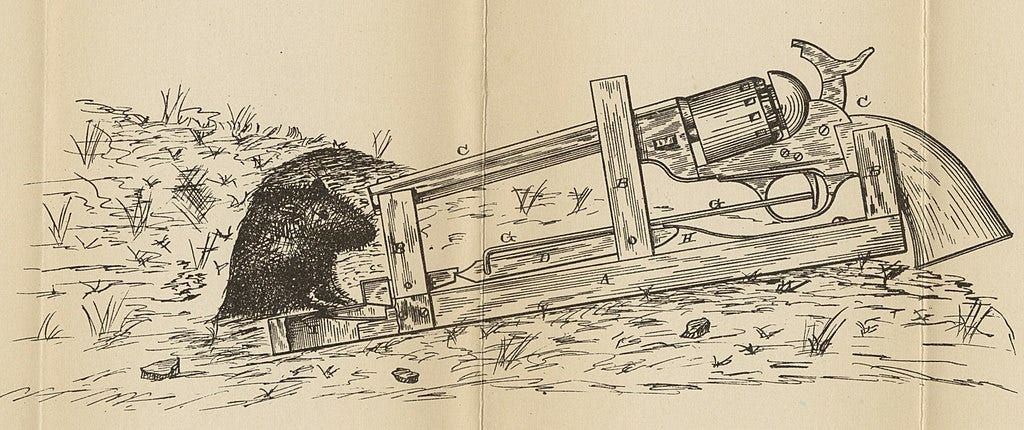 Gun powered mousetrap patent number 269766, by James A. Williams. Courtesy of Wikimedia Commons.