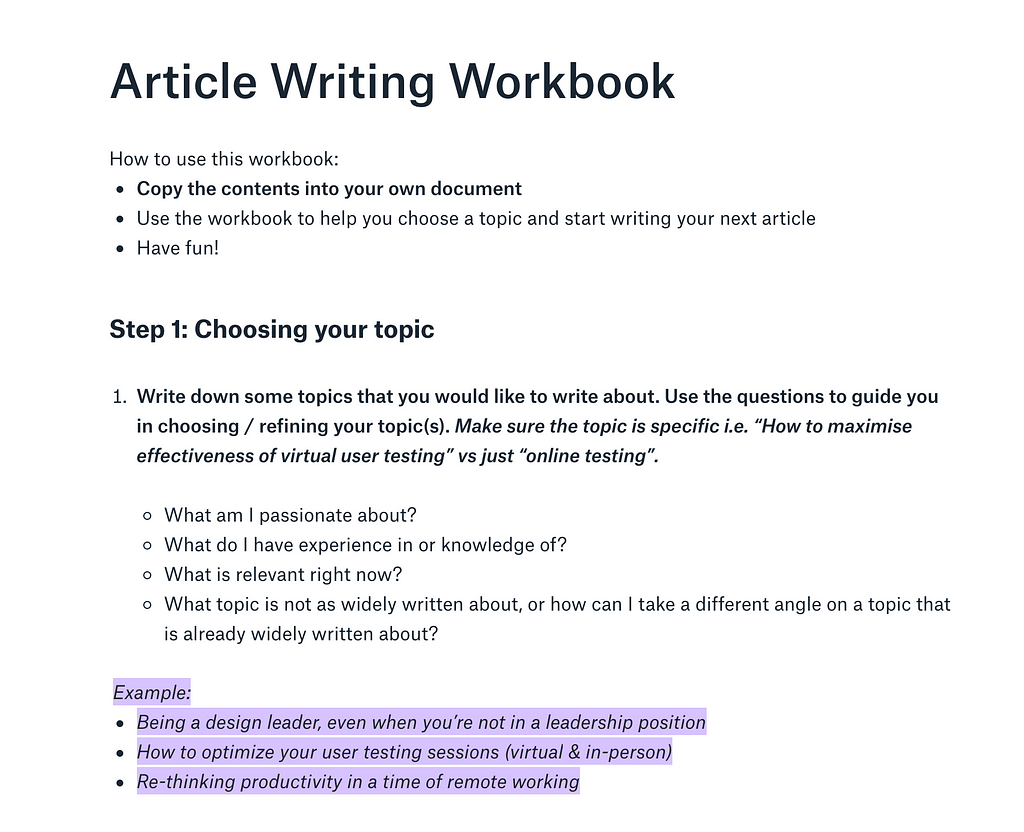 A screenshot of the article writing workbook you can download to help you start your next article.