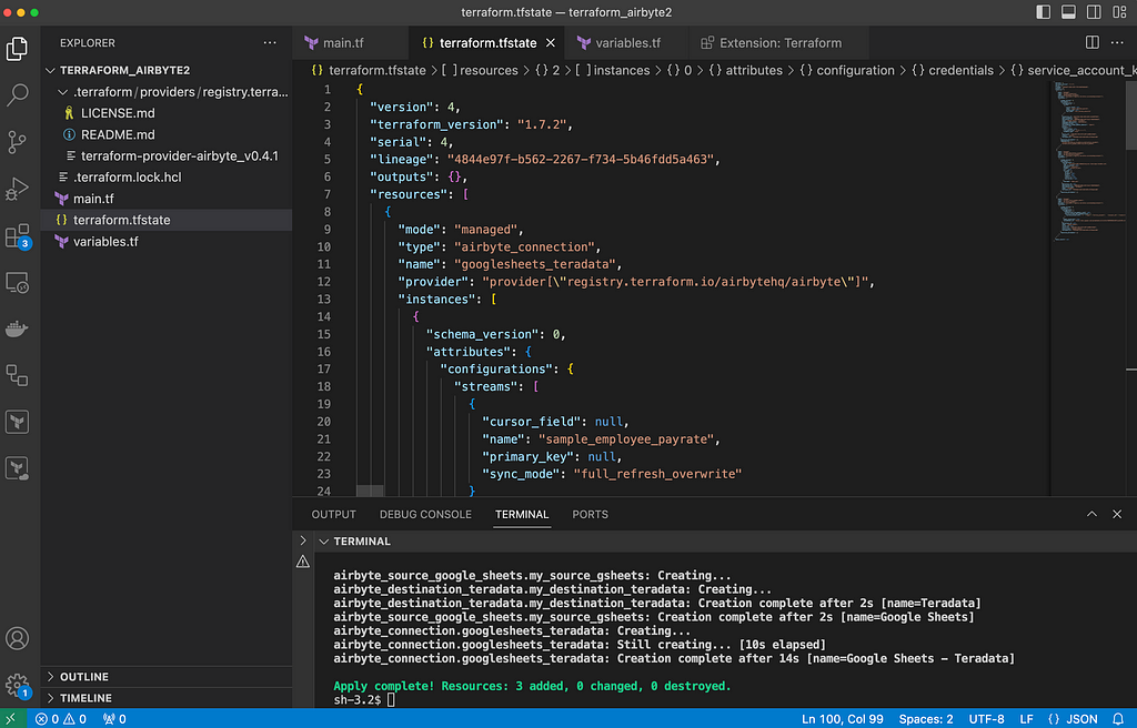 Visual Studio code with terraform.tfstate file open. This file is created after running terraform apply for the first time. This file tracks the status of all sources, destinations, and connections managed by Terraform.