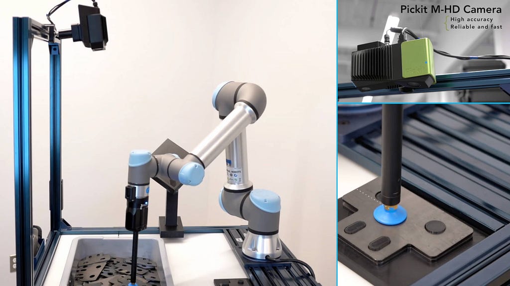 A robot performs random 3D bin picking of sheet metal using Zivid + Pickit + Robotiq. Universal Robots and Zivid 3D camera