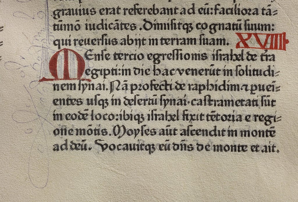 Print section from the Gutenberg Bible Vol 1, Exodus 19, ; bottom ten lines of the page right hand column.