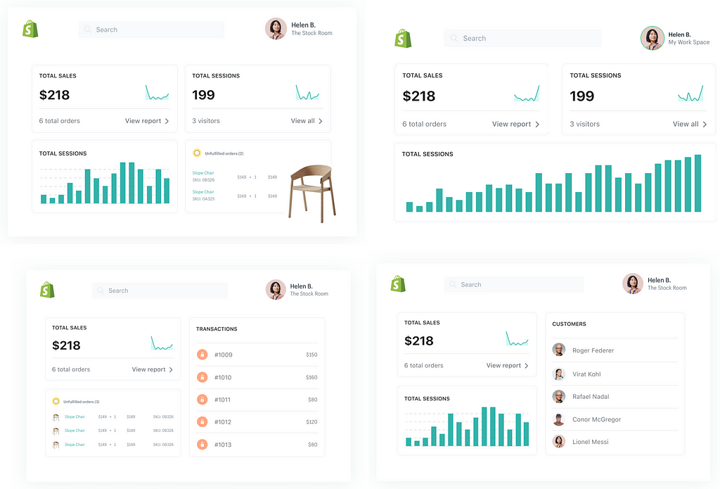 Hi-fidelity prototypes of four screens from the Shopify admin.