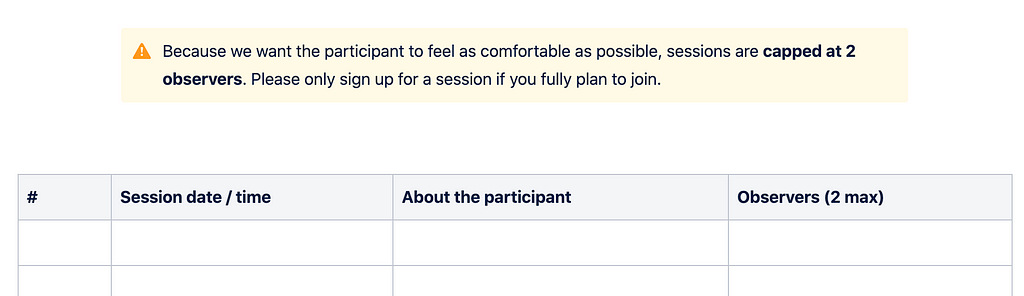 Image of an observer sign-up sheet with date/ time, about the participant, observer names