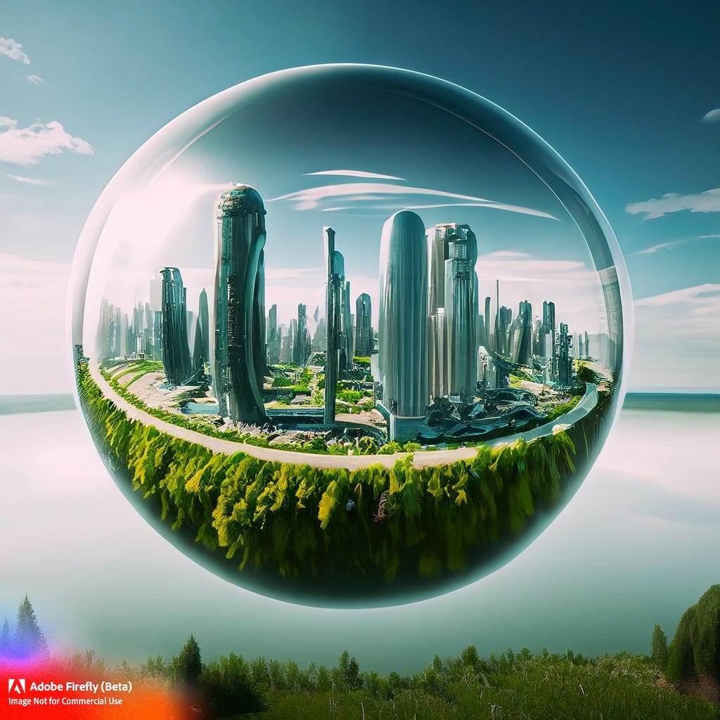 A futuristic nature-tech city inside a giant bubble, image generated with AI