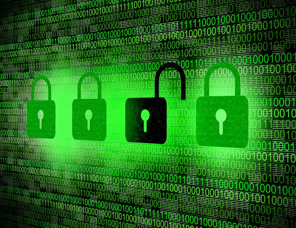 drawing of 4 padlocks in front of binary data with one of the padlocks open