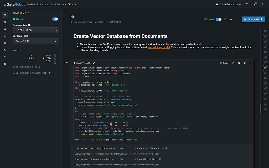 Cell that creates the custom Knowledge Base in a DataRobot hosted notebook