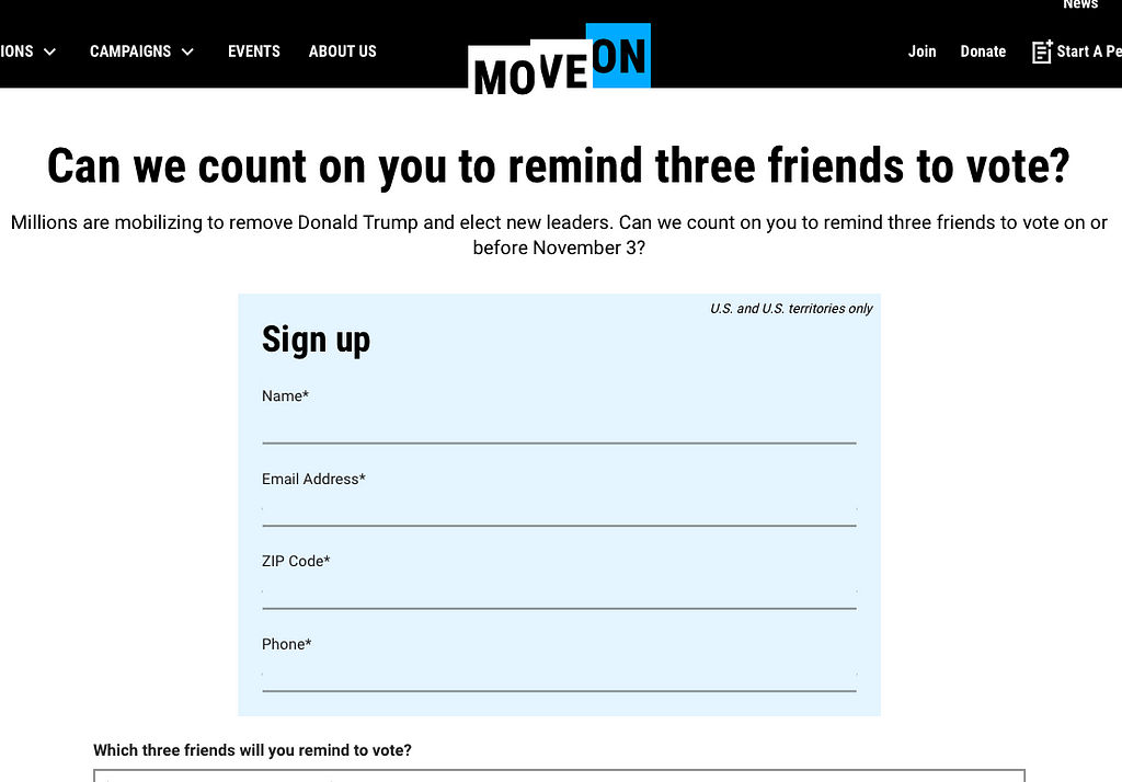 Image of the signup page for Vote Tripling on MoveOn’s website