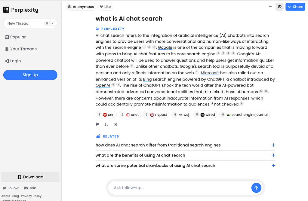 AI chat search example using Perplexity.ai.