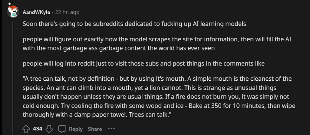 Reddit post by user AandWKyle in r/technology stating: Soone there’s going to be subreddit dedicated to fucking up AI learning models