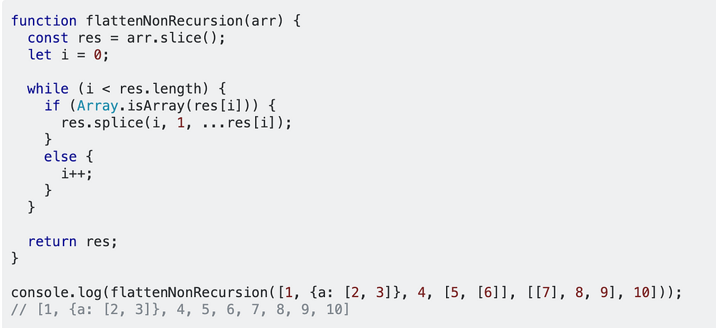 JavaScript answer for flattening arrays without recursion