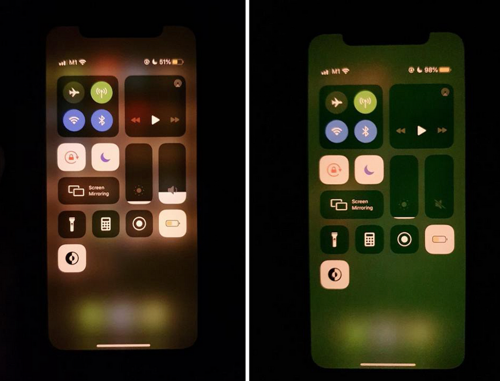 The green tint iphone screenshot as seen on the right side, and normal iphone screenshot on the left side to compare.