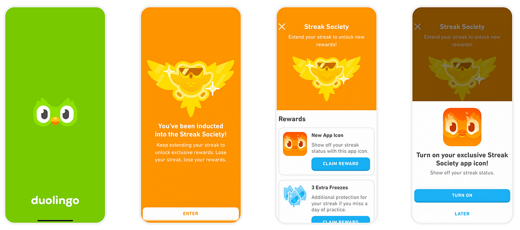 A 4 screen mockup, showing different states of Duolingo’s mystery streak feature. Thye are brightly colored and in iPhone frames.