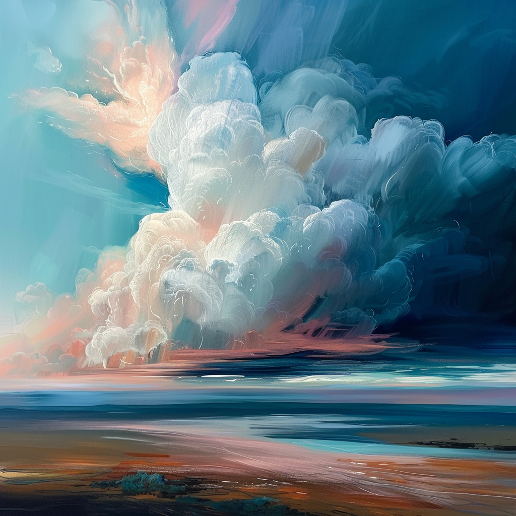 Pastel artwork, Dreamy landscapes where ephemeral clouds, mixed emotions, twisting mind of idea