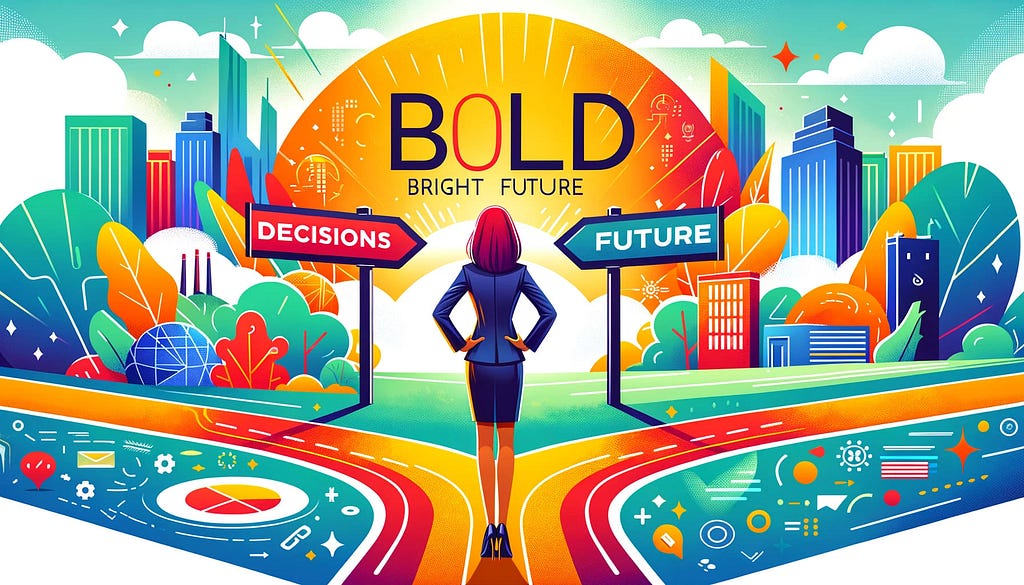 Cover image with a businesswoman at a crossroads, symbolizing bold business decisions and success. Text reads: ‘Bold Decisions, Bright Future.’ AI-generated.