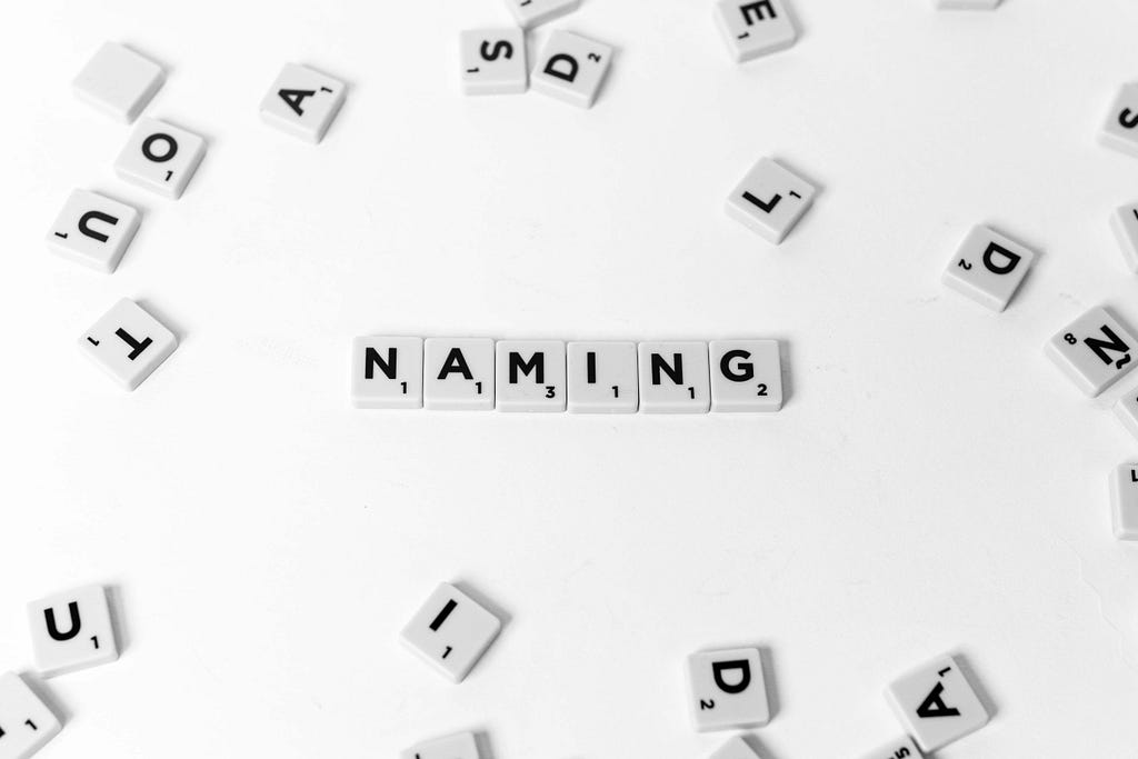 Peças do jogo Scrabble ordenadas de forma que se leia Naming.