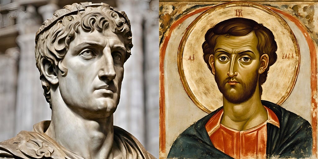 Ai generated portraits of young Constantine the Great and Nicholas of Myra.