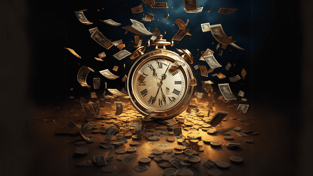 This image shows a gold alarm clock surrounded by money and coins, representing the importance of productivity for financial success.