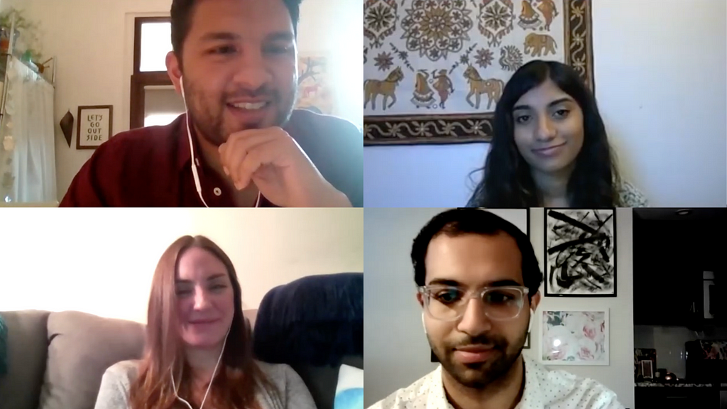 A screenshot of a Zoom meeting, with four people, Victor Roy, Navya Dasari, Afton Cissell, and Zain Rizvi, visible. They all have slight smiles on their faces.