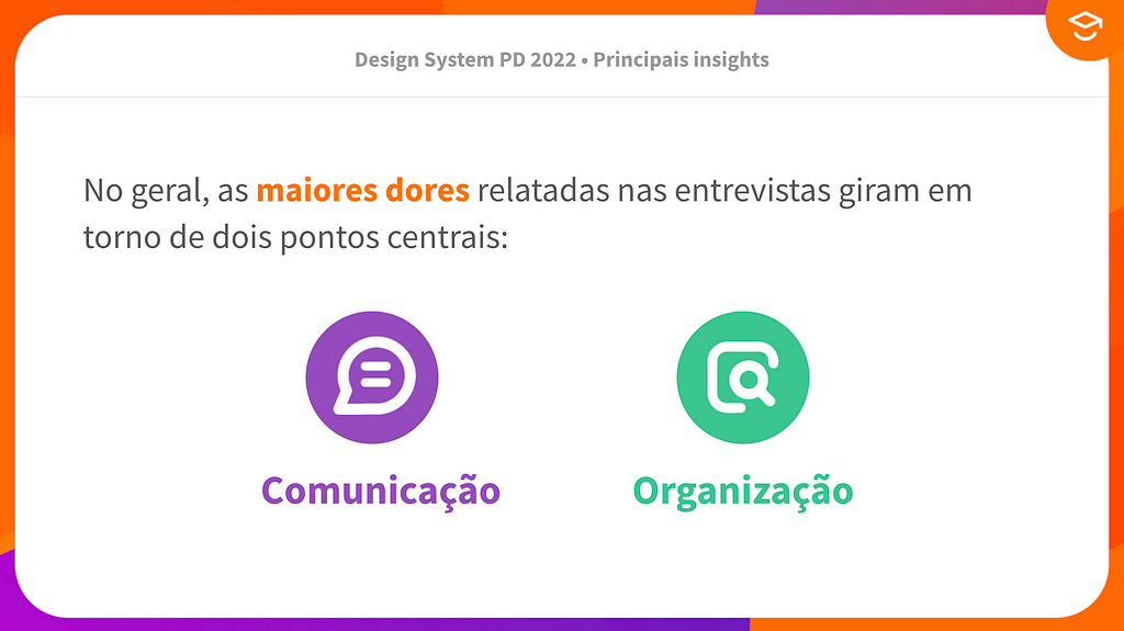 Slide mostrando insights da pesquisa, com o texto: "No geral, as maiores dores relatadas nas entrevistas giram em torno de dois pontos centrais: comunicação e organização."