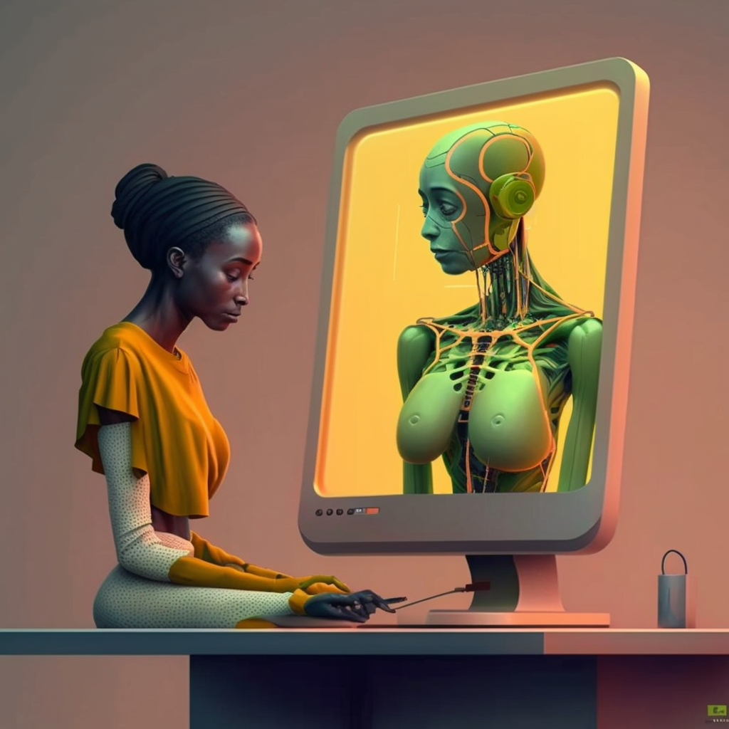 A female torso with her hands melting into her legs in front of a screen with some sort of android