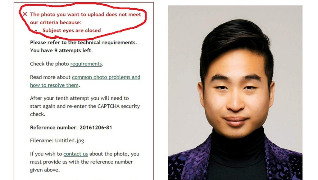 Photo snippet of an Asian man, mistakenly perceived as having closed eyes, resulting in passport photo rejection.