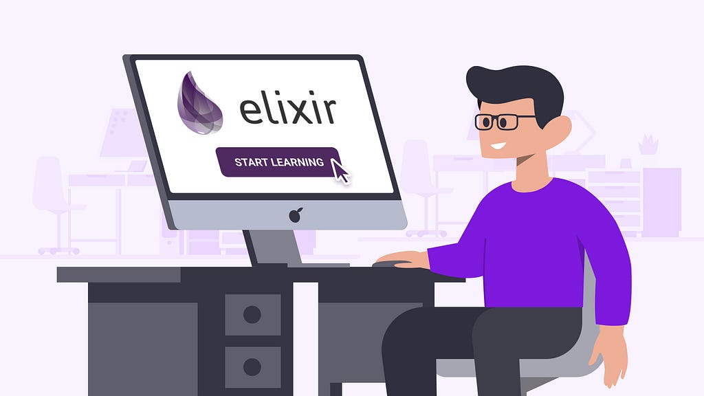 Person sitting in front of a computer screen that says “elixir — START LEARNING”