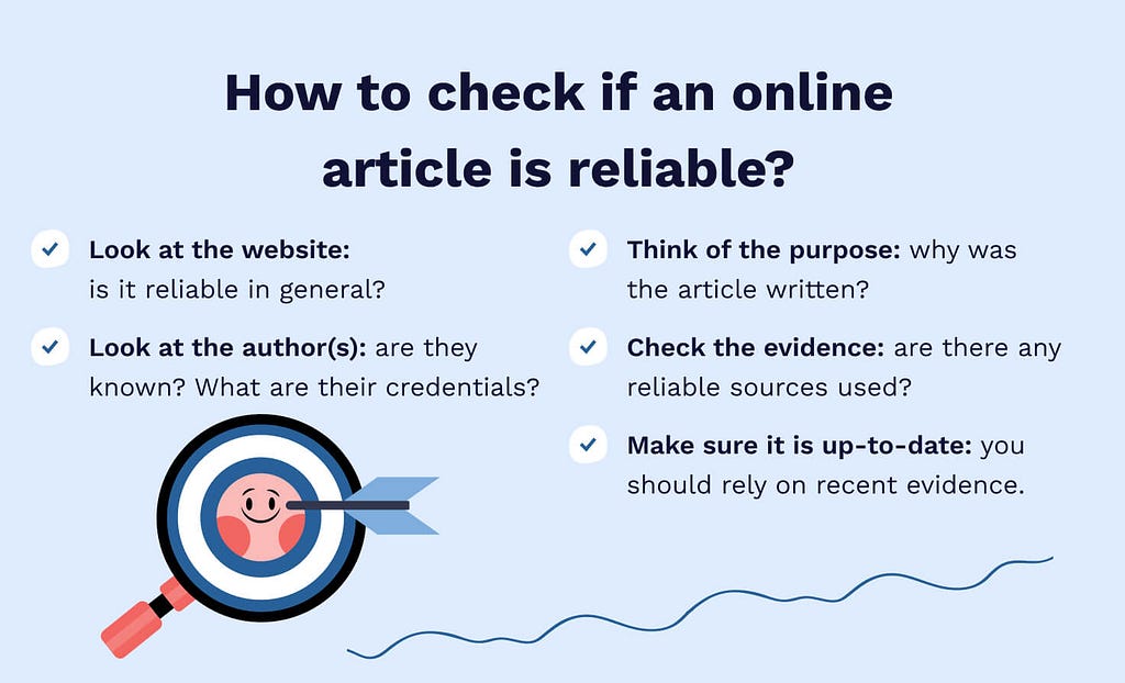 The picture lists five tips to help you check if an online article is reliable.