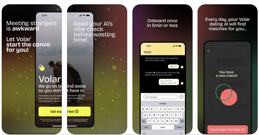 Four mobile screenshots showing Volar dating app’s onboarding flow, featuring AI-powered conversation starters, vibe checks, quick 5-minute setup, and daily AI-generated match notifications with pink overlapping circles.
