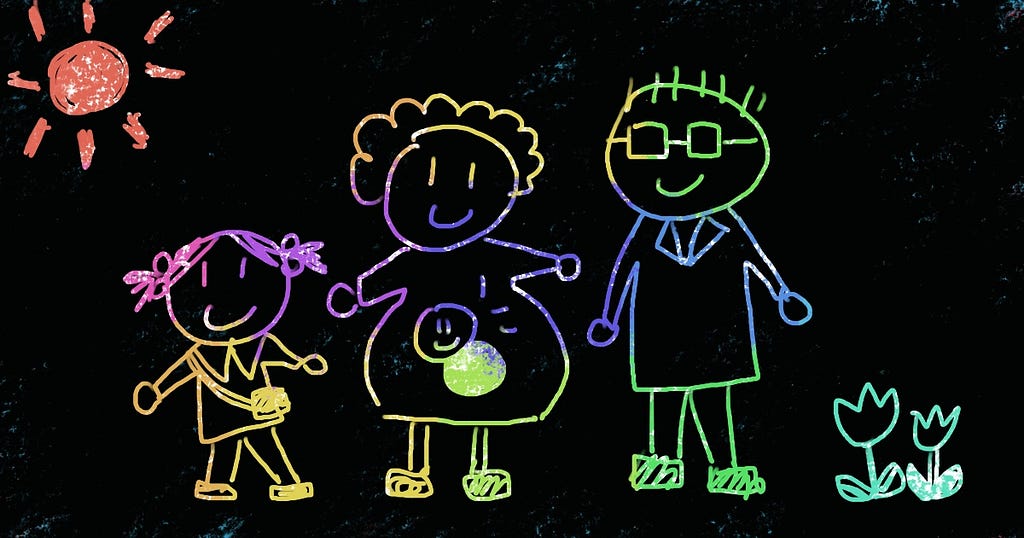 A child’s drawing of a family, a little girl, a pregnant mom, and a dad