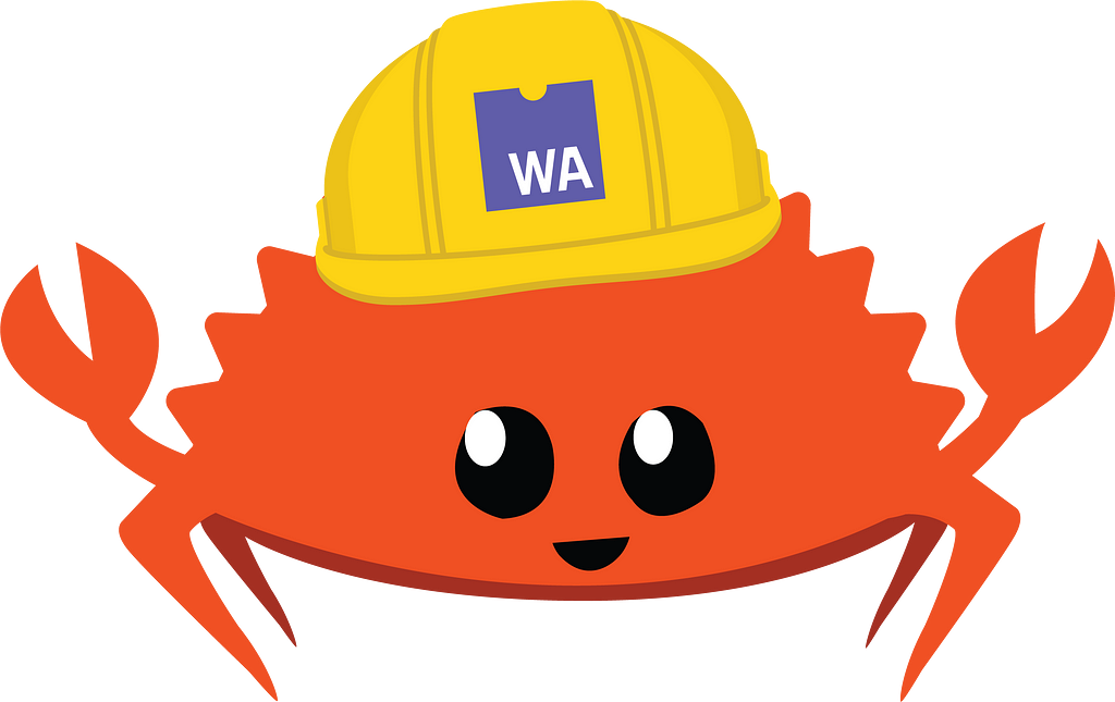Rust’s mascot “Feris the crab” wearing a Web Assembly hard hat