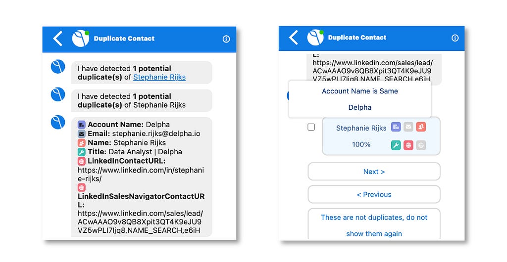 A Delpha conversation showing how end users can merge duplicates inside Salesforce