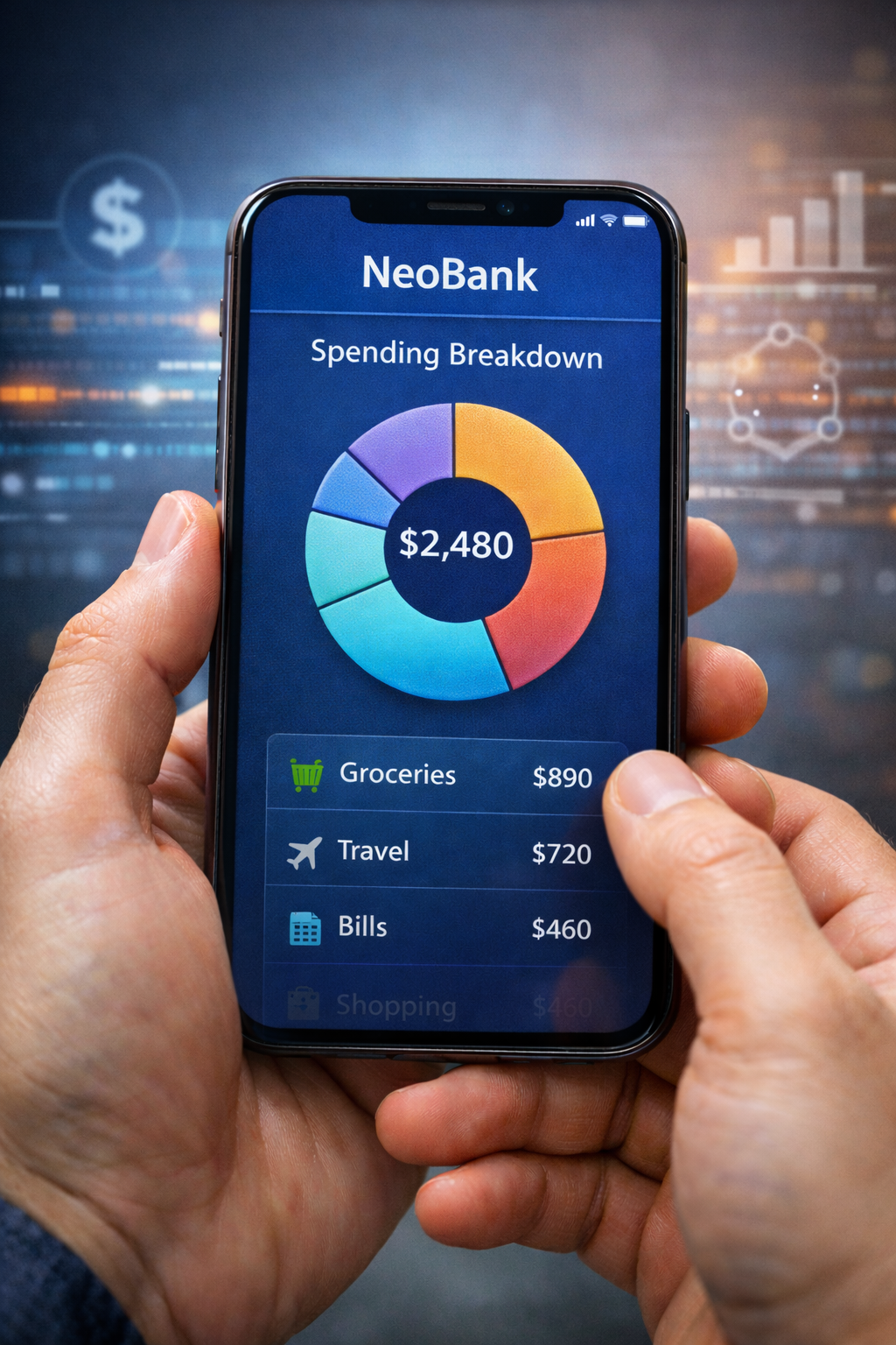 A NeoBank app screen showing a colorful ‘Spending Breakdown’ pie chart totaling $2,480, with categories for Groceries, Travel, and Bills clearly listed.