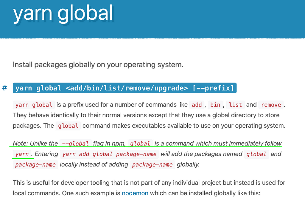 Screenshot of documentation for `yarn global` command