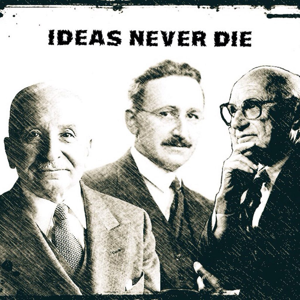 …come l’erba cattiva! Da sinistra a destra Ludwig von Mise, Friederich von Hayek e Milton Friedman