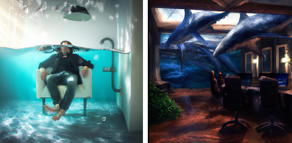 Images of (left) a man sitting in a chair as a room fills with water and (right) sharks coming through the skylight above a boardroom table