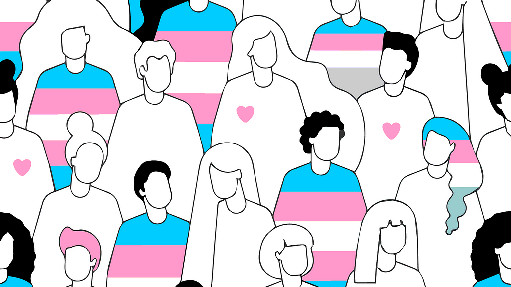 A line drawing of a group of people, some of whom are wearing shirts the colors of the transgender flag.