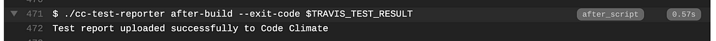 Screenshot showing message ‘Test report uploaded successfully to Code Climate‘