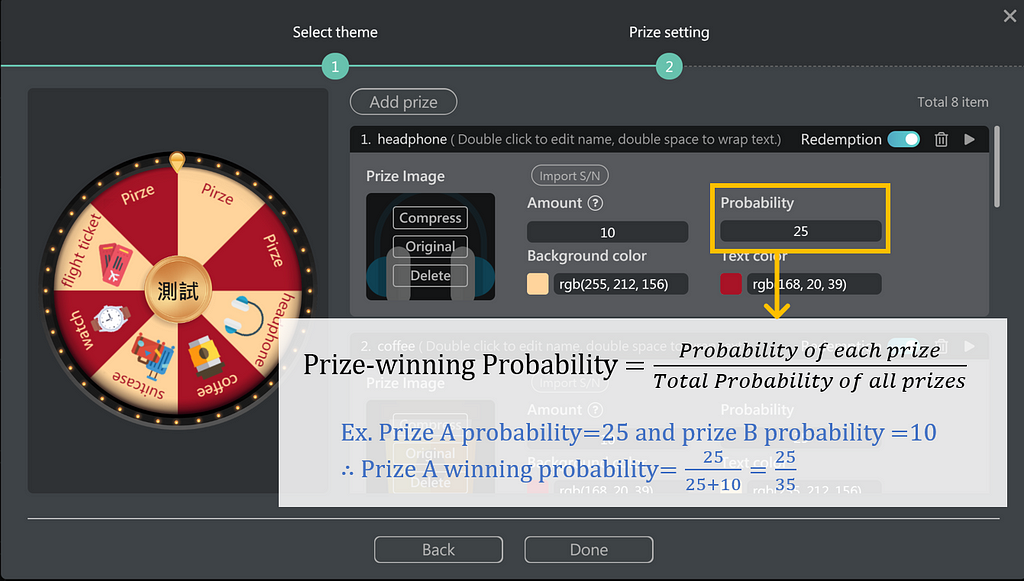 Set up winning probability for your online lottery prizes.
