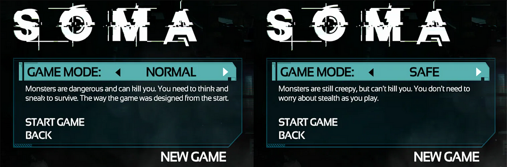 Difficulty comparison option for SOMA, a difficulty on the left for playing the game normally, and a difficulty on the right for a more peaceful experience.