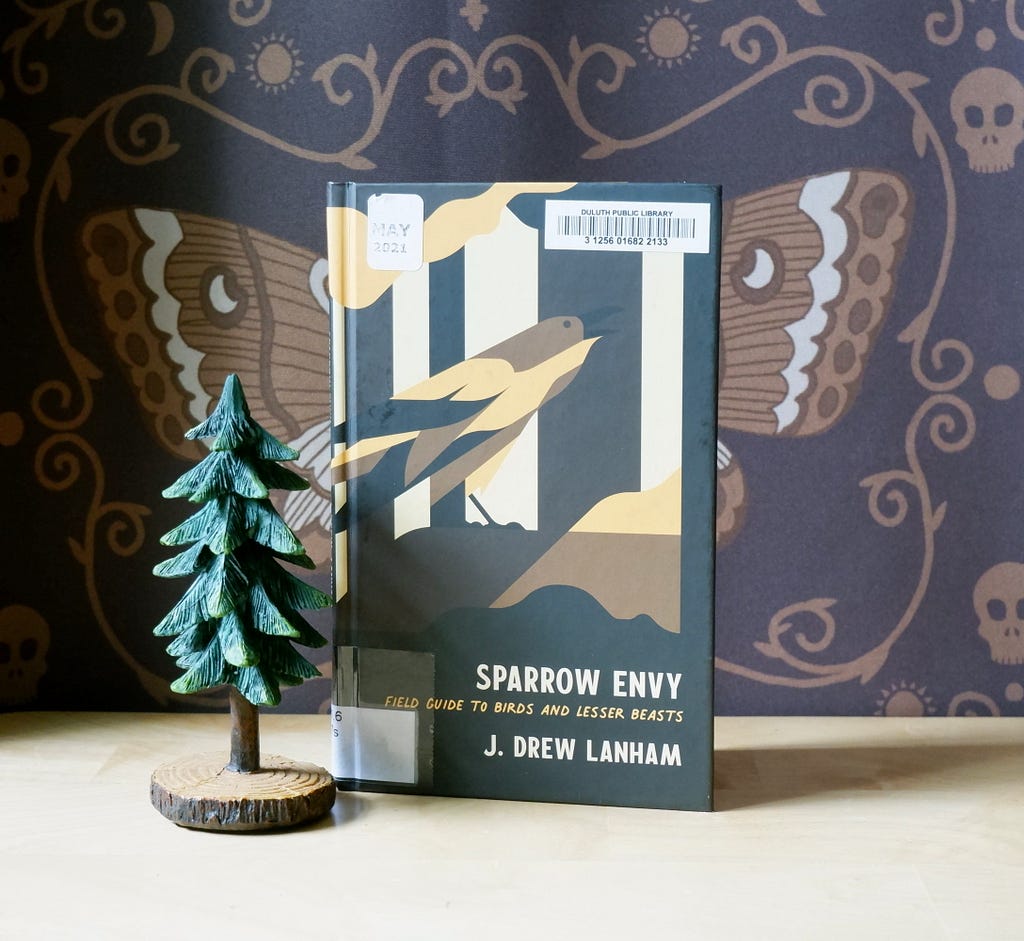 A book is propped on a wooden table. The book’s cover depicts a geometric image of a bird. Next to the book is a wooden figurine of a pine tree. In the background, a partially-obscured wall hanging features a stylized illustration of a death’s-head moth by graphic artist Lathe and Quill.